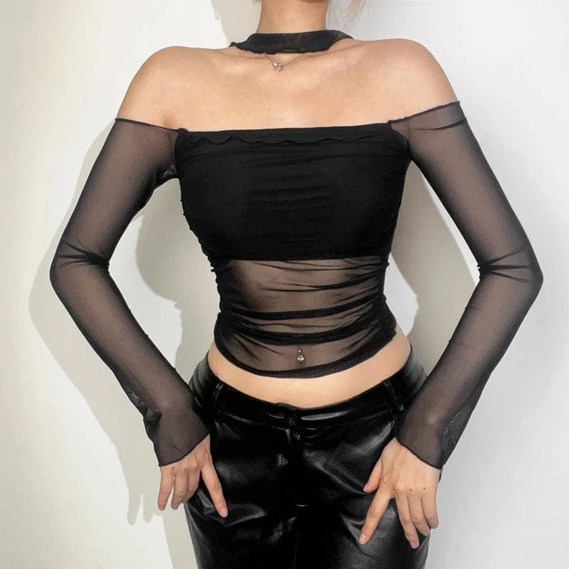 Women's Punk Mesh Splice Halterneck Crop Top