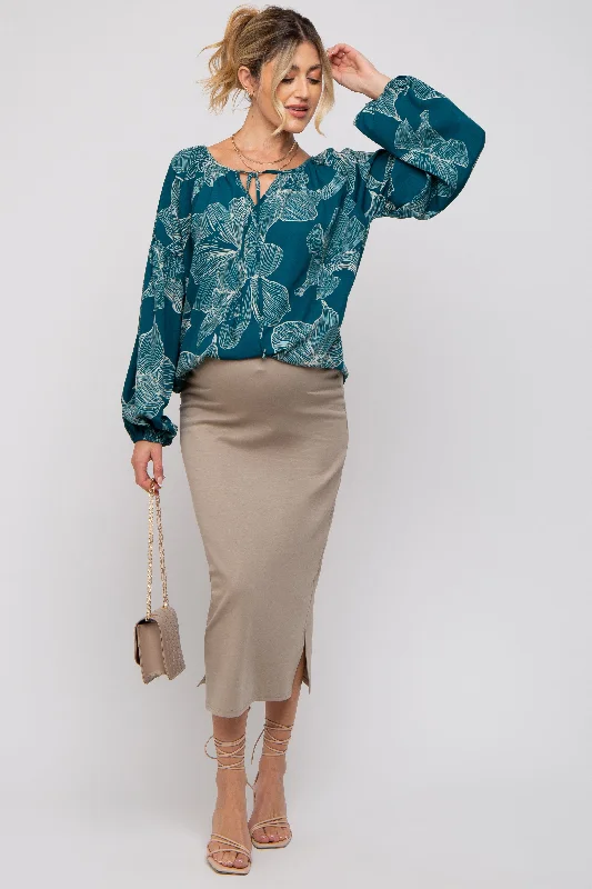 Teal Floral Tie Detail Long Sleeve Maternity Blouse