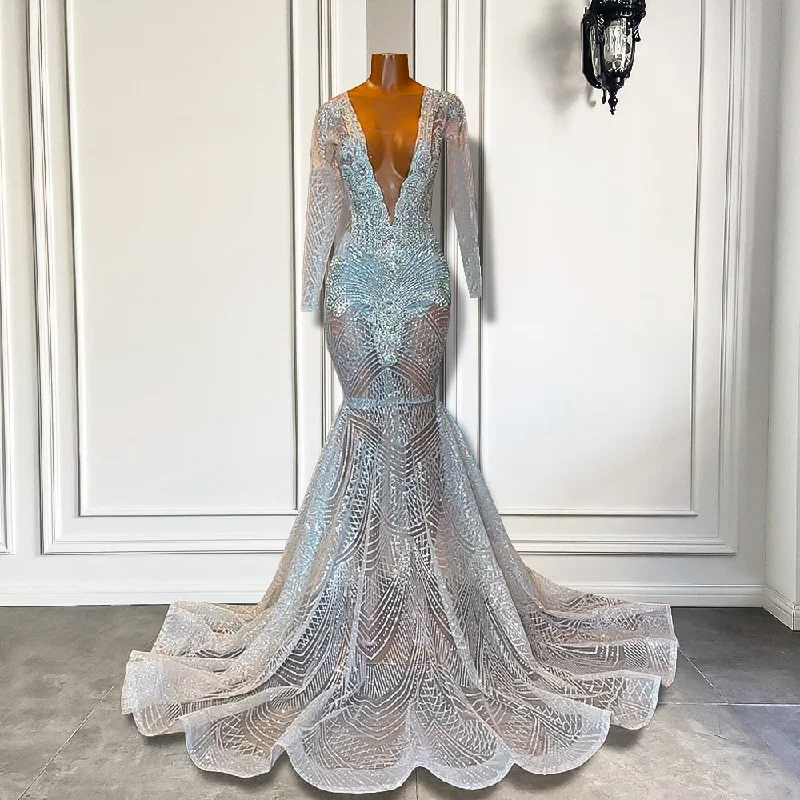 Long Sleeve Prom Dresses Sexy Sparkly Luxury Mermaid Style See Through Silver Diamond Prom Party Gala Gowns