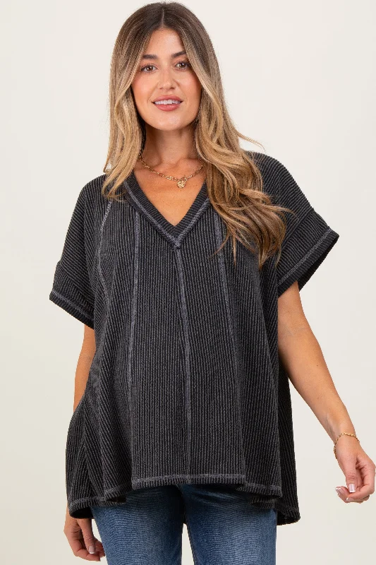 Charcoal Striped Ribbed V-Neck Oversized Short Sleeve Maternity Top