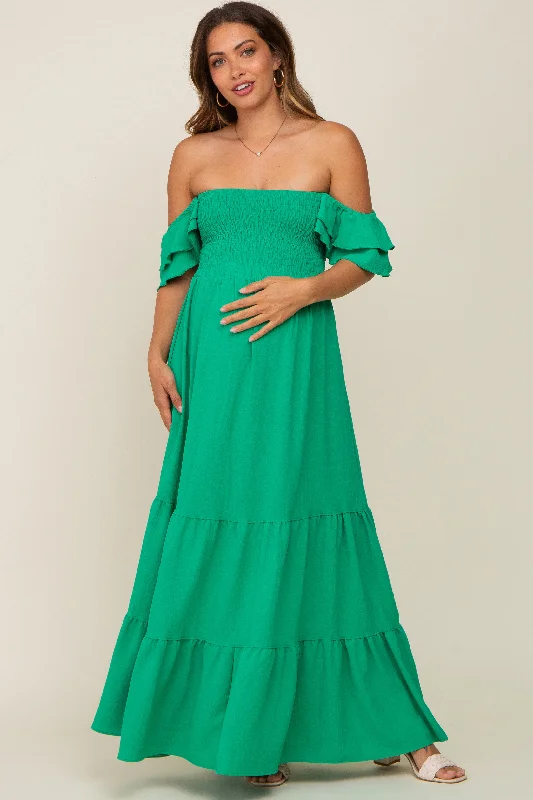 Green Smocked Ruffle Off Shoulder Tiered Maternity Maxi Dress