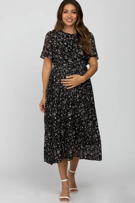 Black Floral Pleated Short Sleeve Chiffon Maternity Midi Dress