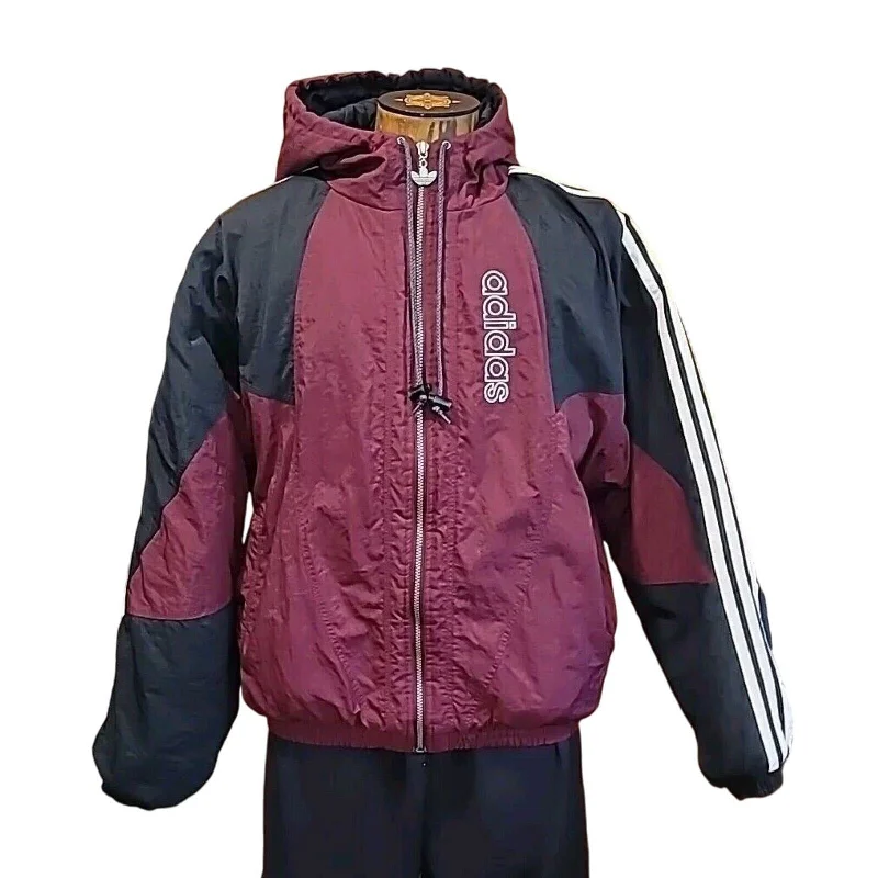 VTG 90s Adidas Big Trefoil Logo Winter Hooded Coat Jacket Large Maroon Quilted