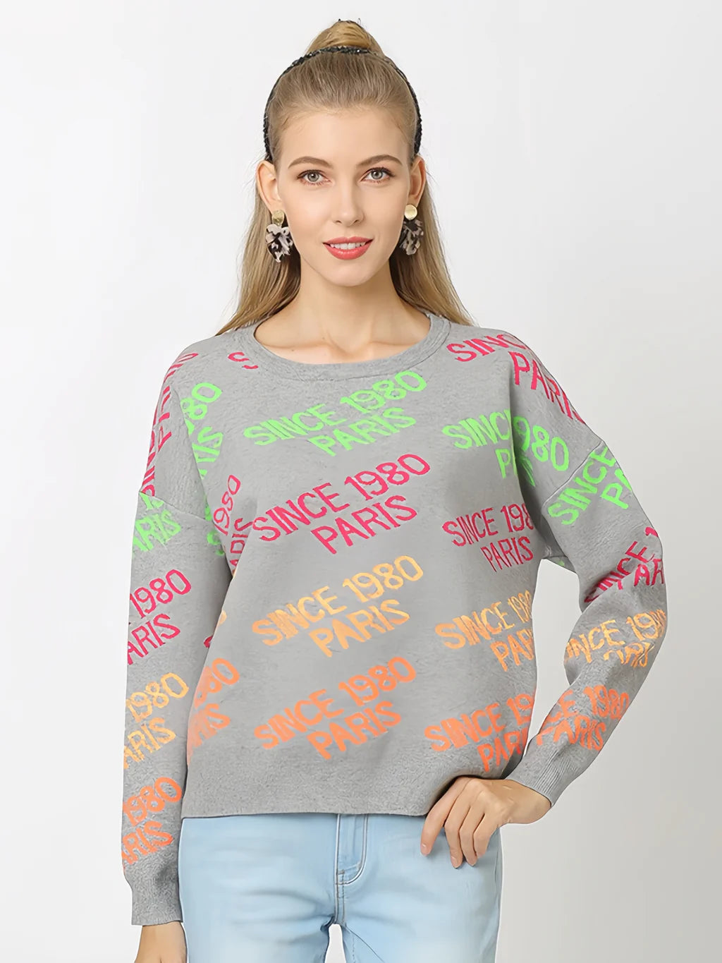 FASHION LETTER JACQUARD LOOSE ROUND NECK SWEATER