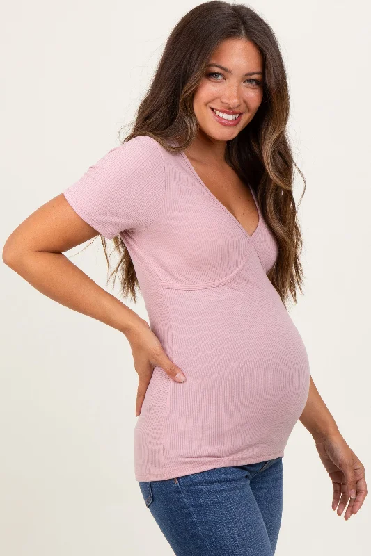 Light Pink Solid Ribbed Short Sleeve V-Neck Basic Maternity Top