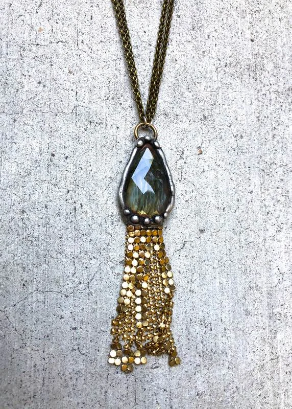 Labradorite With Gold Brass Mesh Fringe Necklace