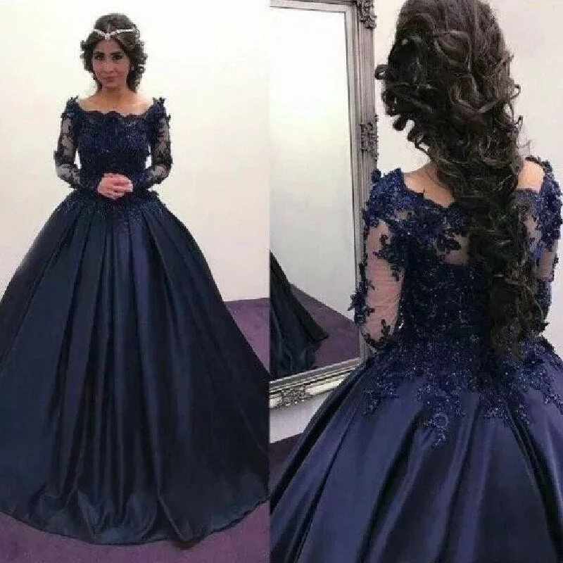 O-Neck Long Sleeve Lace Black And Navy Blue Quinceanera Dress