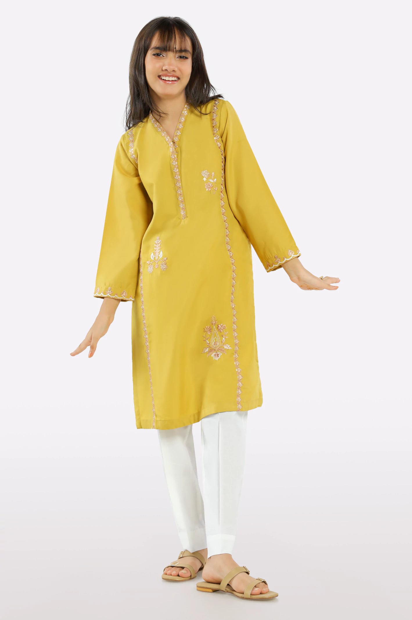 Mustard Embroidered Teens Kurti