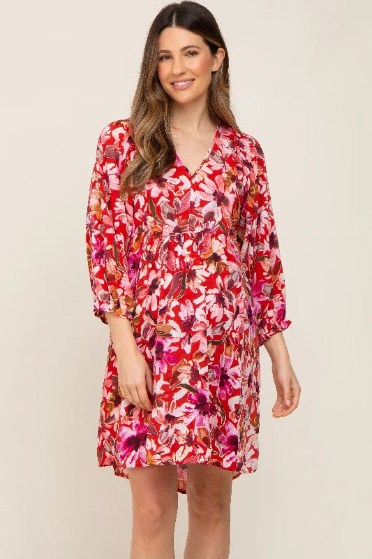 Red Floral Long Sleeve Maternity Dress