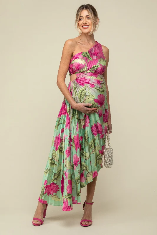 Pink Floral Pleated One Shoulder Cutout Maternity Dress