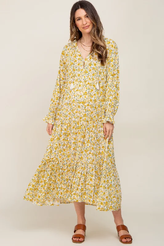 Yellow Floral Front Tie Long Sleeve Tiered Maternity Midi Dress