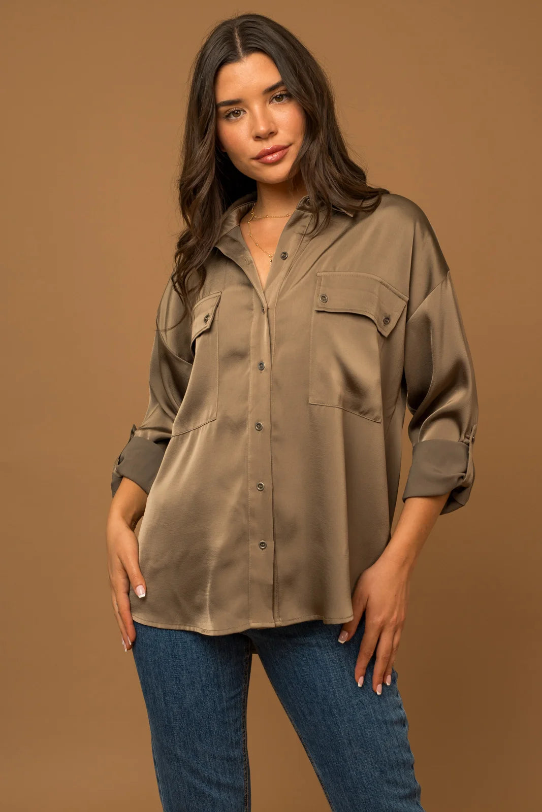 Satin Button Down With A Collar Utility Shirt