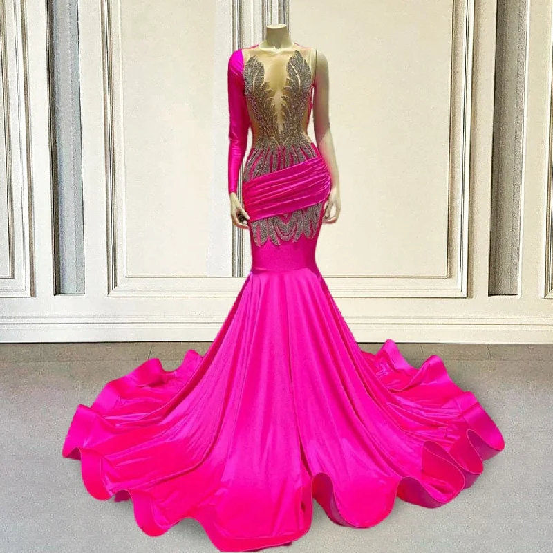 Sexy Open Back Hot Pink Prom Dresses Mermaid 2022 Luxury Beads Long Sleeve Women Formal Evening Gown for Wedding