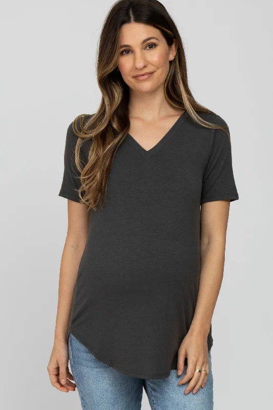 Dark Grey V-Neck Maternity Short Sleeve Round Hem Top