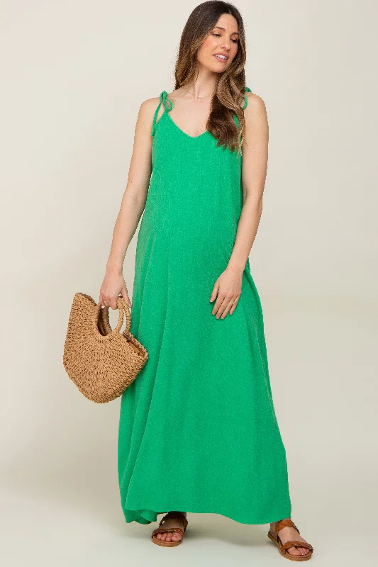 Green Linen V-Neck Tie Strap Maternity Maxi Dress