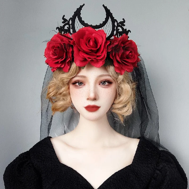 Women's Gothic Rose Moon Mesh Bridal Headpiece