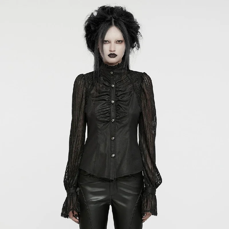 Women's Punk Stand Collar Ruched Mesh Splice Shirt