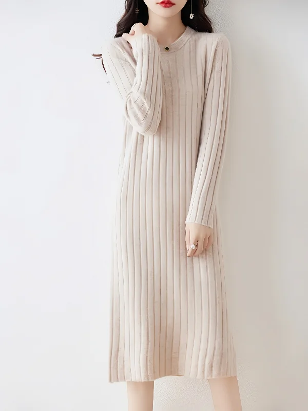 Elegant Cozy Long Sleeves Taupe Pleated Midi Sweater Dress