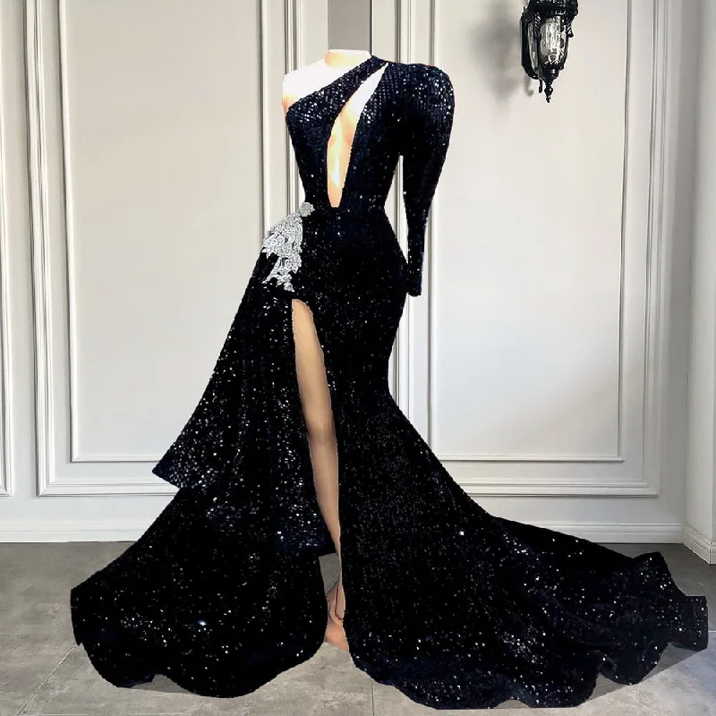 Elegant Sparkly Black One Shoulder Single Long Sleeve Prom Dress