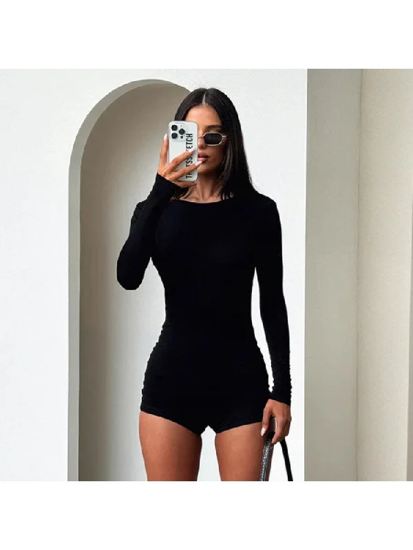 Pure Color Long Sleeve Backless Rompers