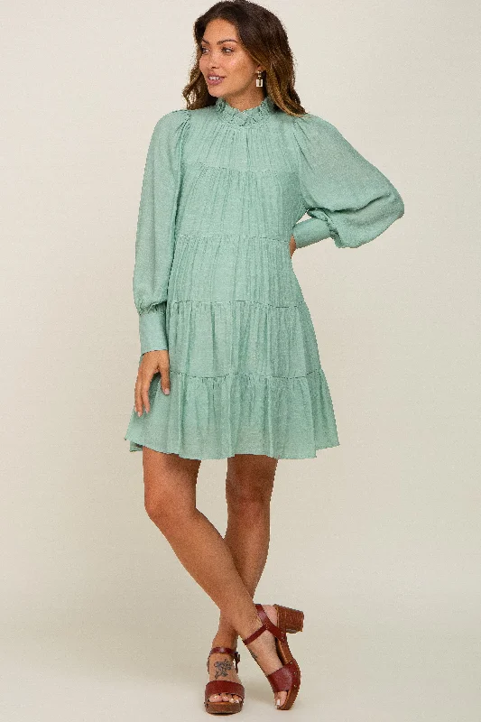 Sage Tiered Long Sleeve Ruffled Maternity Dress