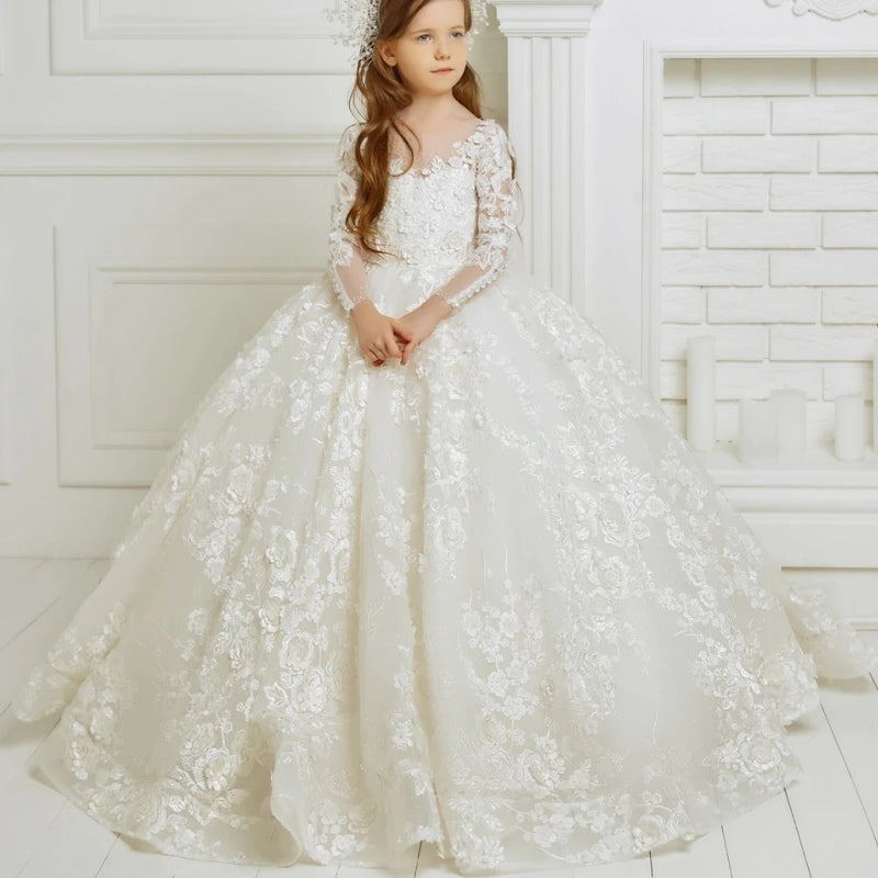 Luxurious Ivory Flower Girl Dress: Lace Floral Appliques, Long Sleeve