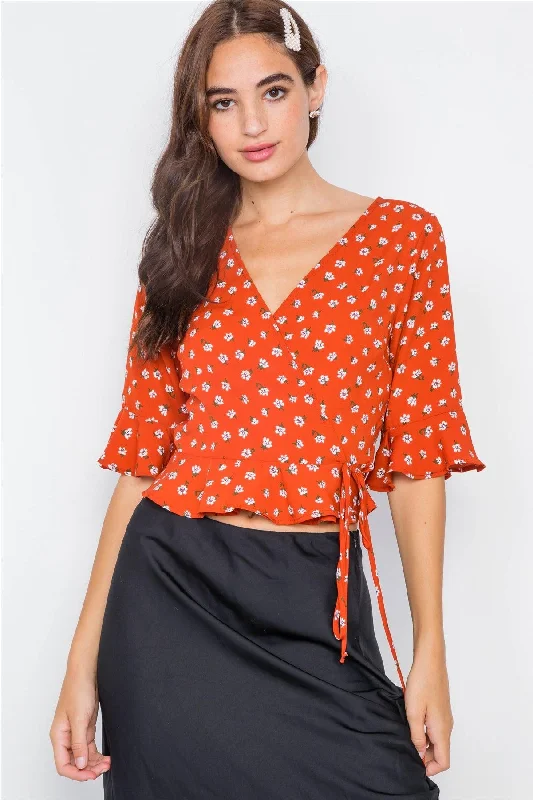 Brick Floral Satin Surplus Wrap Peplum Blouse