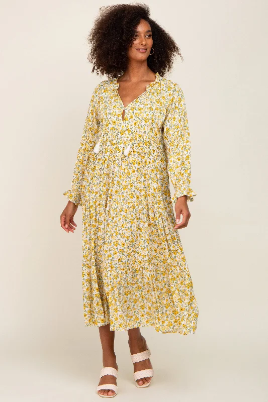 Yellow Floral Front Tie Long Sleeve Tiered Midi Dress