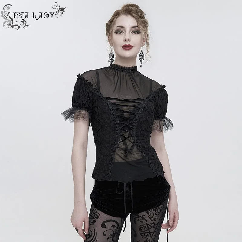 Women's Gothic Strappy Mesh Splice Beaded Shirt