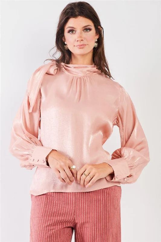 El Mirage Blush Chiffon Bishop Sleeve Tie-Neck Blouse Top /2-2-2