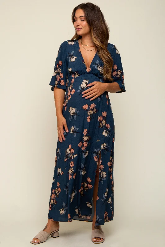 Dark Teal Floral Deep V-Neck Short Sleeve Front Slit Maternity Maxi Dress