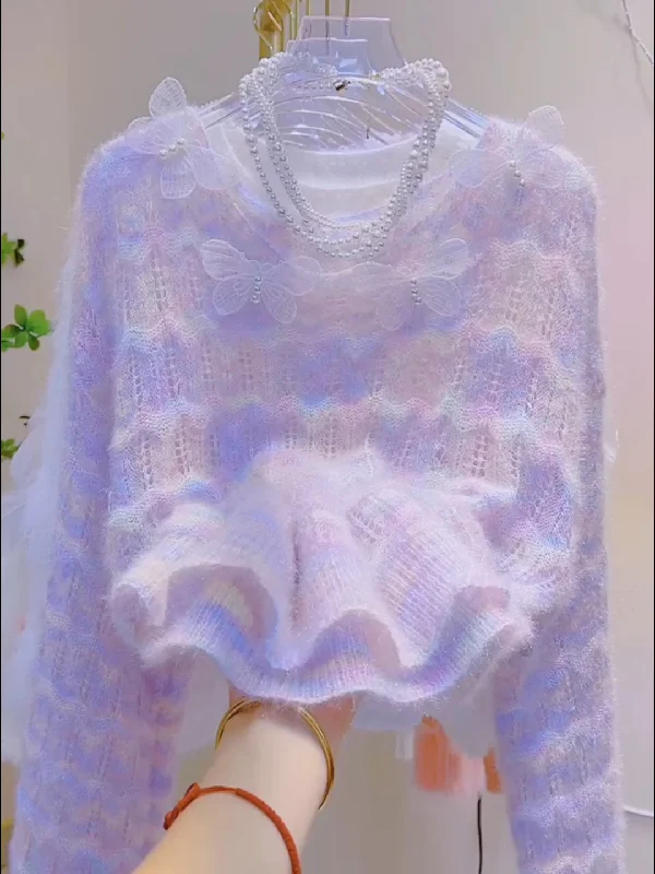 Delicate Butterfly Ruffled Pastel Sweater