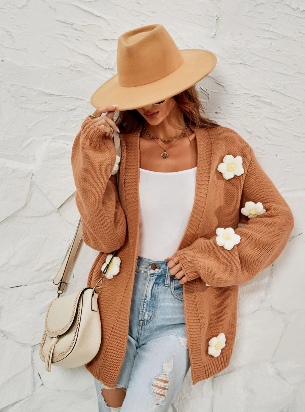 Flower Cardigan Lantern Sleeve Sweater Coat