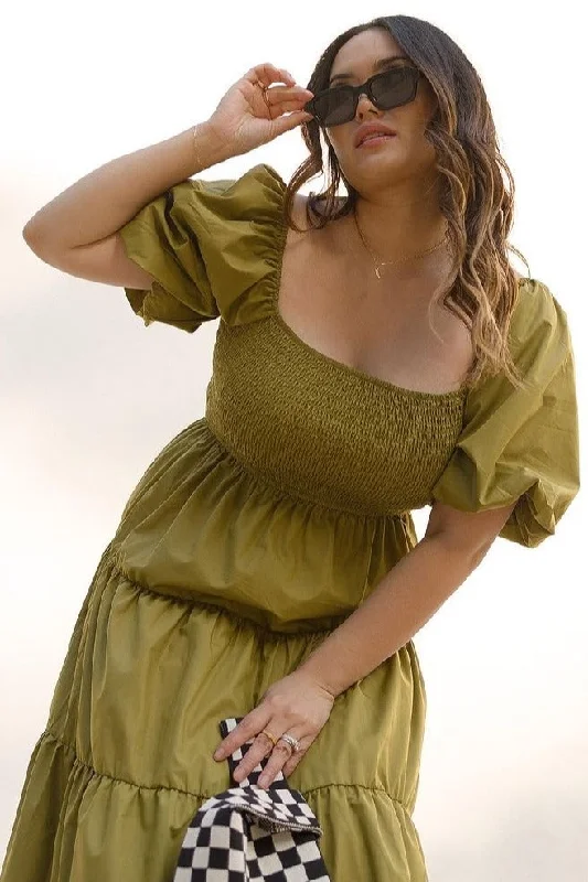 Light Olive Square Neck Smocked Puff Short Sleeve Tiered Midi Dress