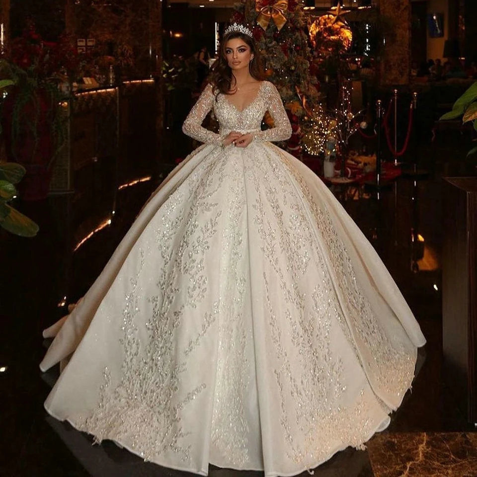 Illusion Back Long Sleeve Glitter Princess Gown