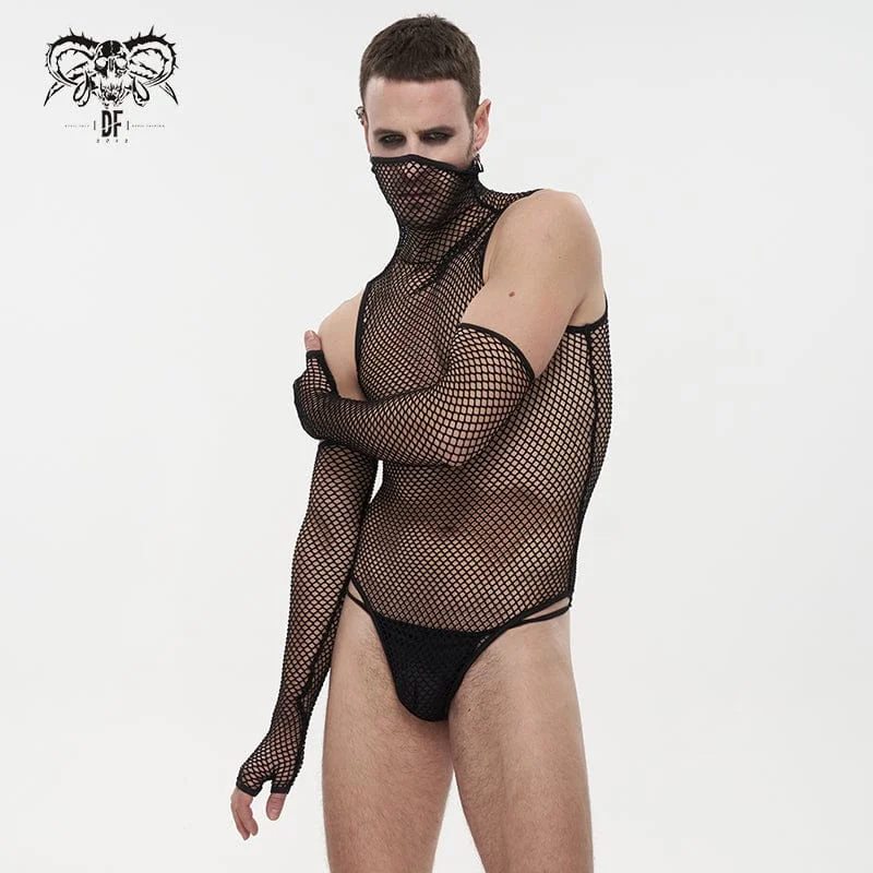 Men's Punk High Collar Mesh Bodysuit with Oversleeves