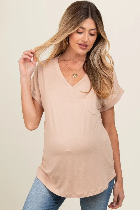 Beige V-Neck Pocket Short Sleeve Maternity Shirt