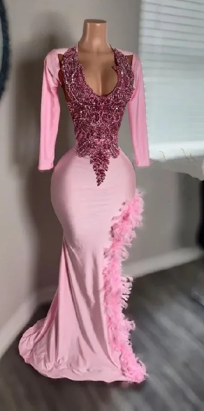 Pink Elegance: Long Sleeve Crystal Beaded Gown