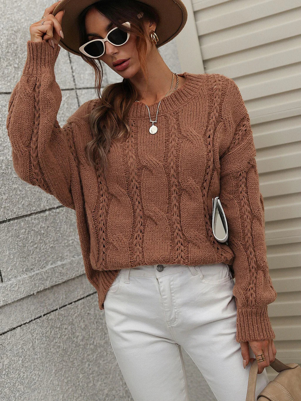 FASHION TWISTED ROPE SOLID COLOR LOOSE ROUND NECK SWEATER