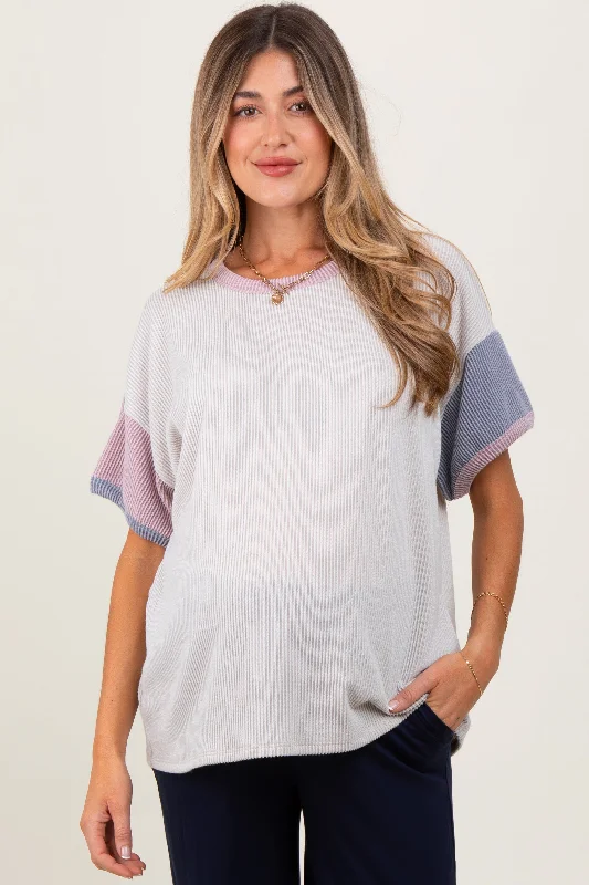 Cream Solid Ribbed Color Block Short Sleeve Maternity Tunic Top