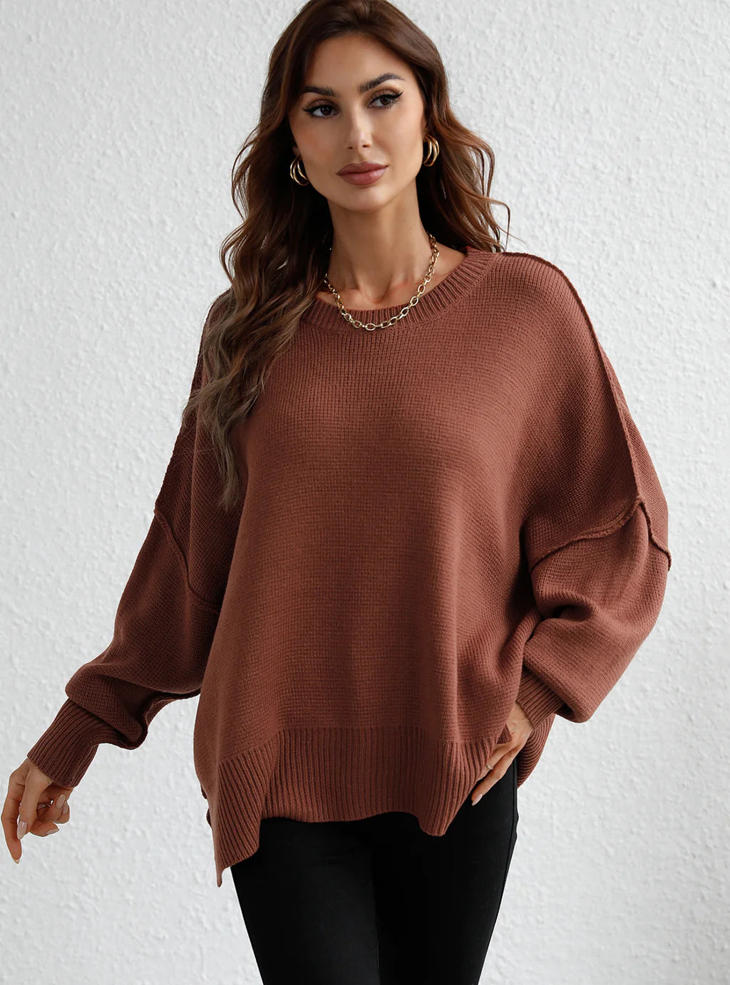 CLASSY ROUND NECK KNITTED LOOSE SPLIT PULLOVER SWEATER