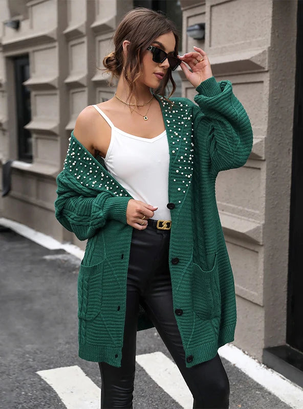 FASHION LONG BEADED SWEATER CARDIGAN COAT