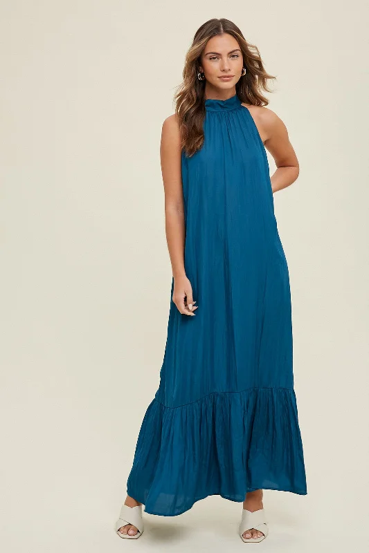 Teal Textured Halter Tie Maxi Dress