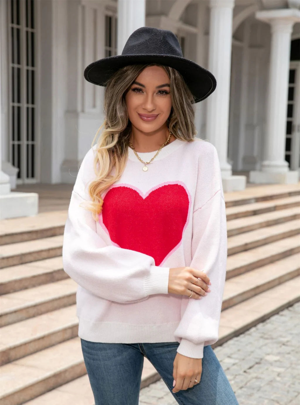 Love Heart Round Neck Pullover Sweater