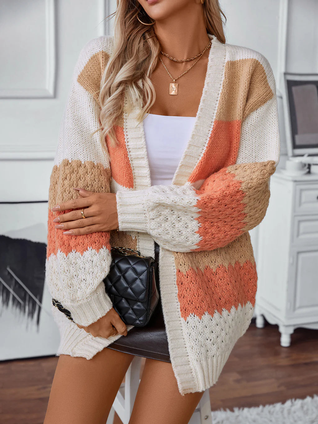 Cardigan Loose Lantern Sleeve Striped Sweater