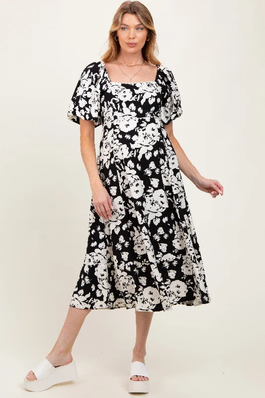 Black Floral Scallop Trim Puff Sleeve Maternity Midi Dress