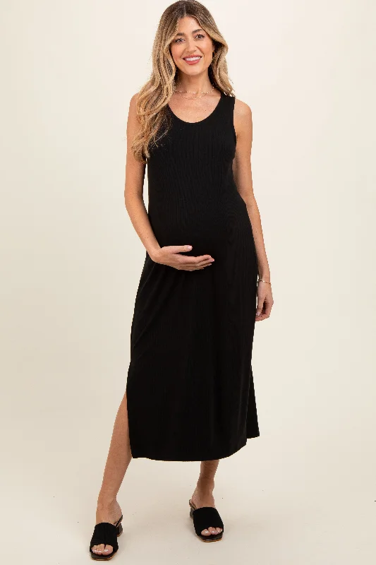 Black Ribbed Sleeveless Maternity Midi Dress