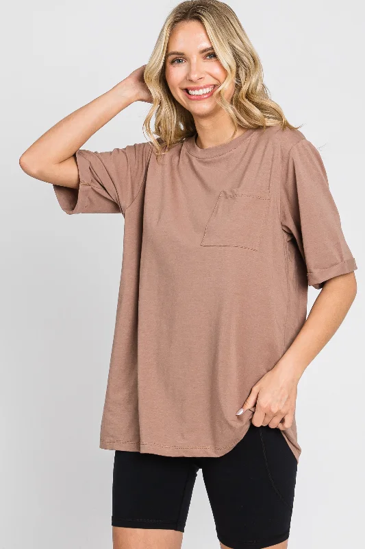 Mocha Oversized Front Pocket Cuffed Short Sleeve Top