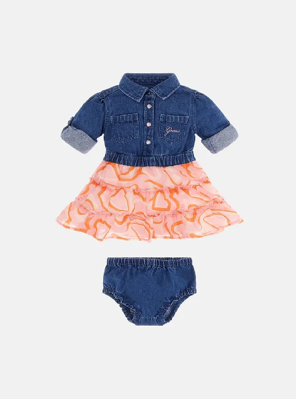 Blue Denim and Heart Print Dress with Panties Set (3-18M)