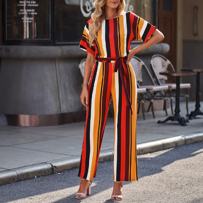 Summer Short Sleeve Striped Wide Leg Jumpsuit